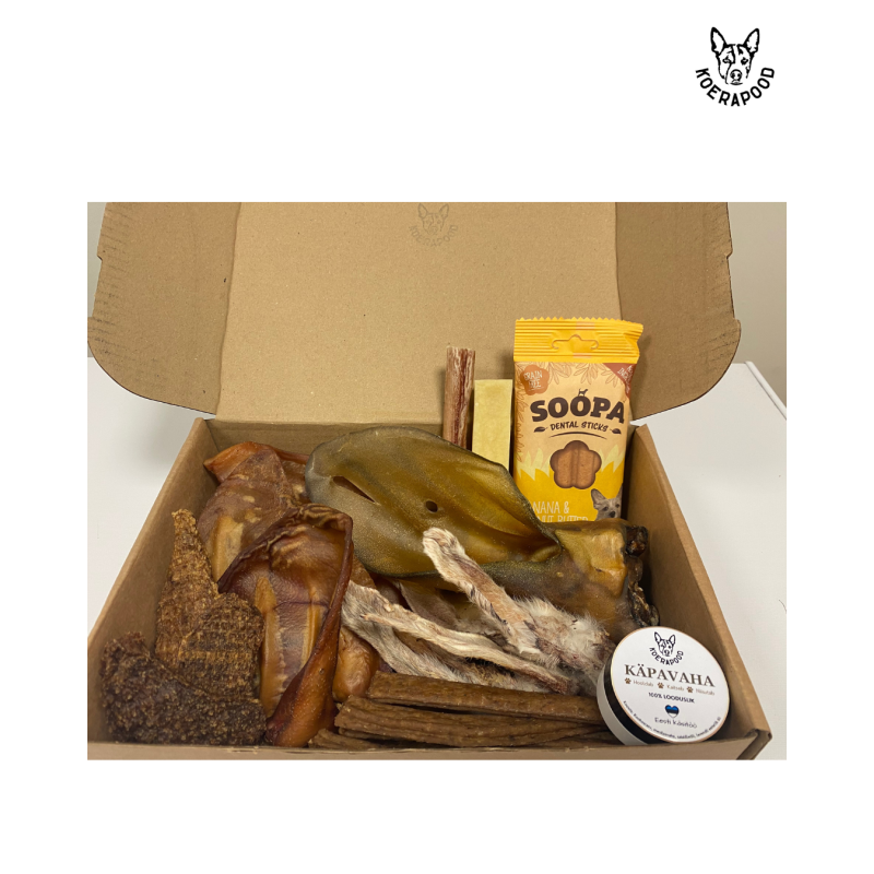 Naturaalsete närimismaiuste valik keskmisele ja suuremale koerale koos käpavahaga